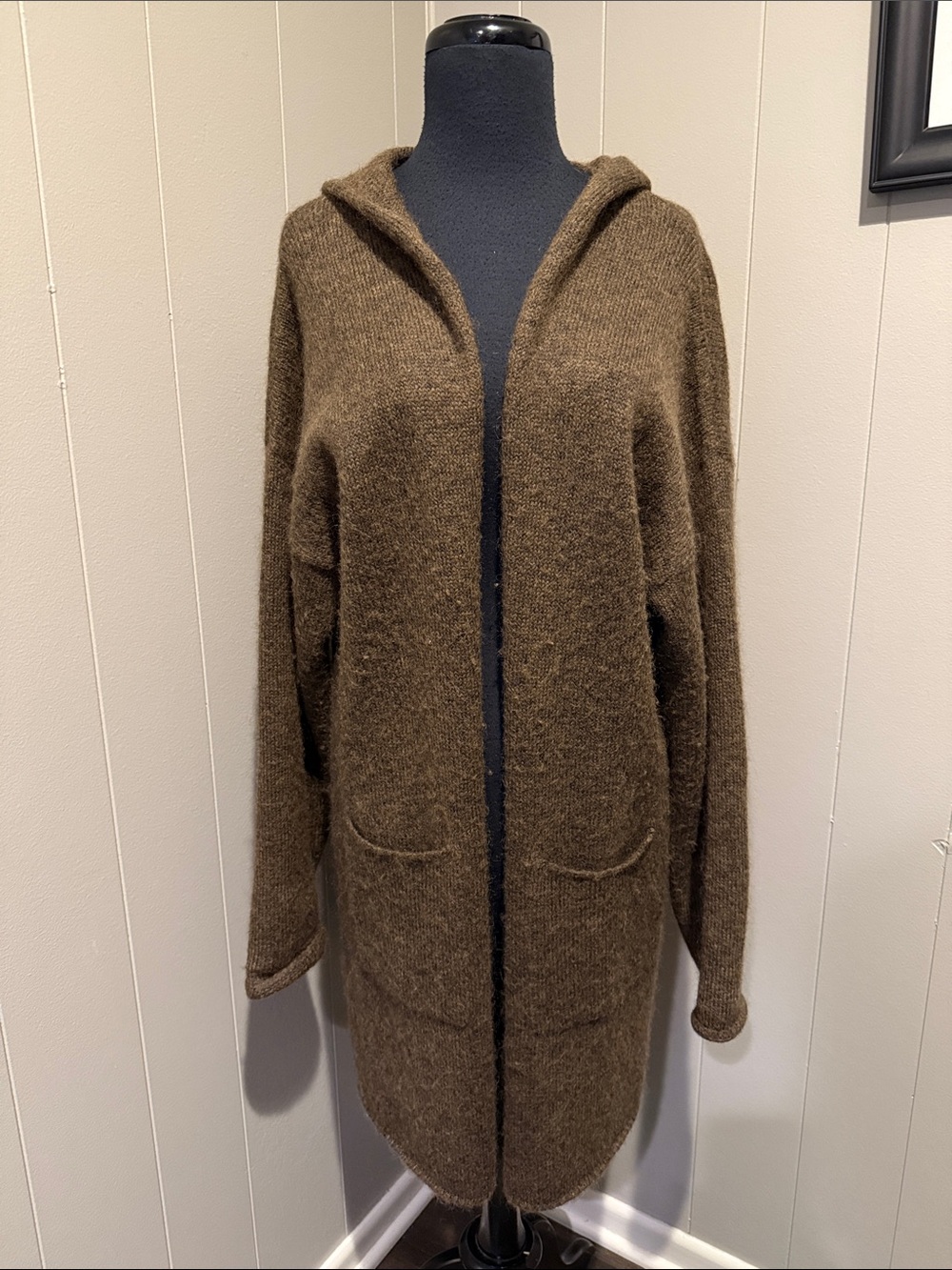 Eileen Fisher Women’s Large Hooded Open-Front Long Cardigan in Brown